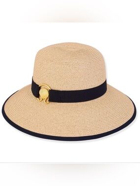 Sun and Sand Wide Brim Straw Sun Hat with Black Band and Gold Shell Accent